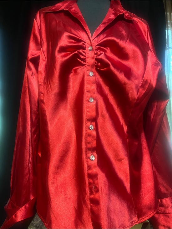 Cato Tops - Cato Red Satin Button-Down Blouse with Rhinestone Buttons